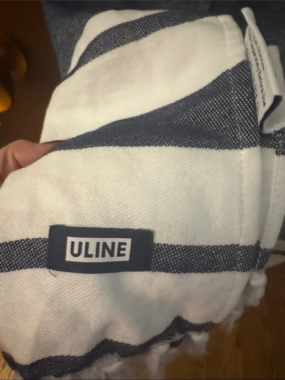 Navy Blue Beach Towel with White Stripe and Fringe